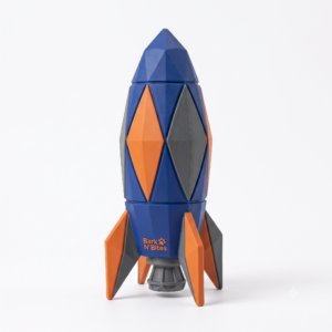 Bark N' Bites Geometric Space Rocket Dog Chew Toy - Durable Blue & Orange Rubber Fetch Toy